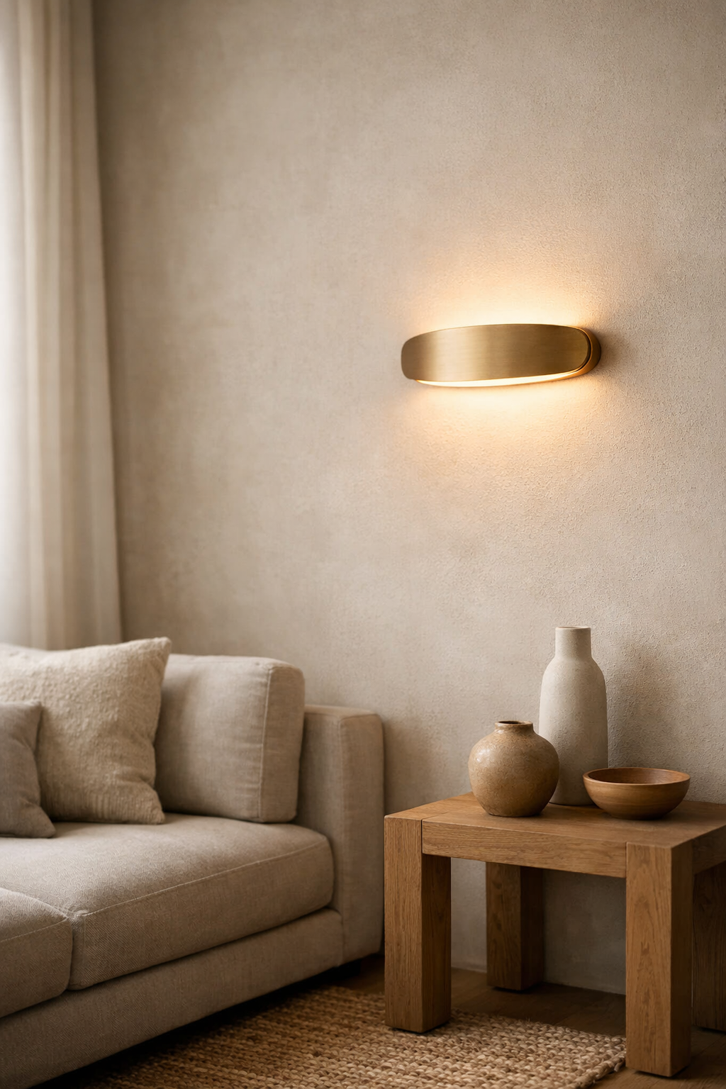 Modern living room with a beige sofa, wooden side table, and wall-mounted Maison Lighting.