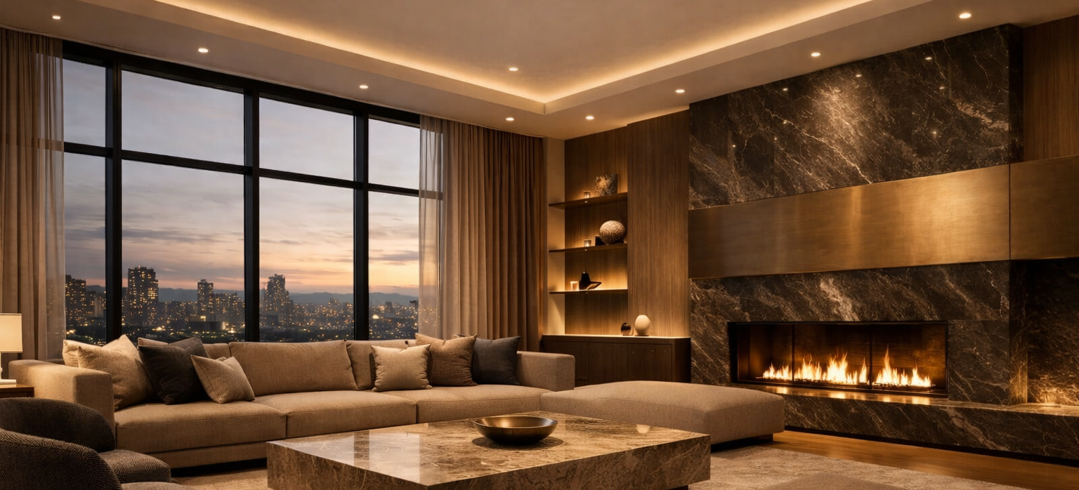 Luxurious living room with a fireplace, large windows, and modern Maison Lighting decor.