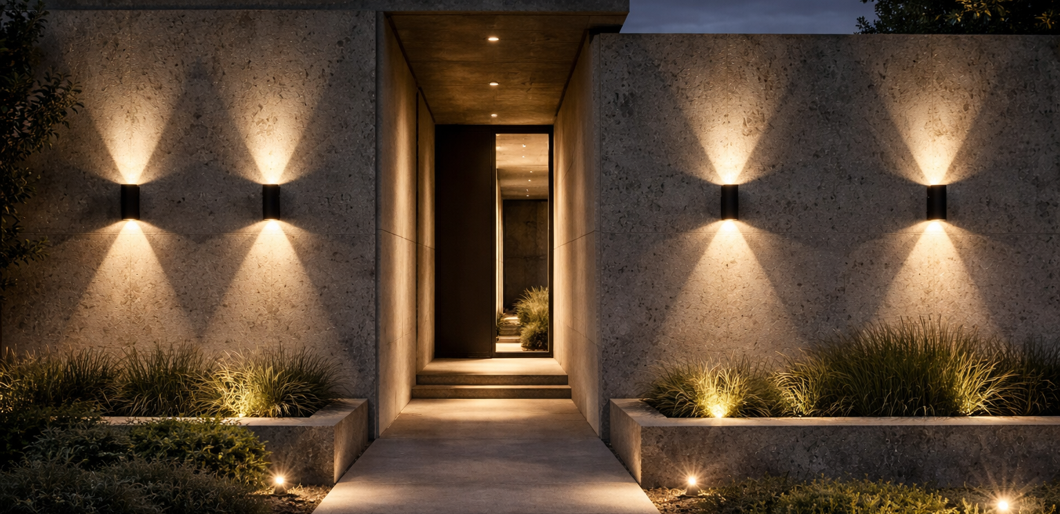 Modern outdoor pathway with wall-mounted Maison Lighting and a concrete entrance.