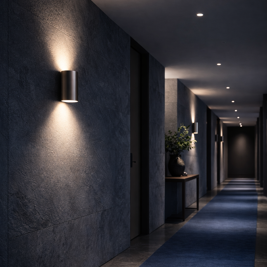 Dark hallway with blue carpet and Maison Lighting wall lights